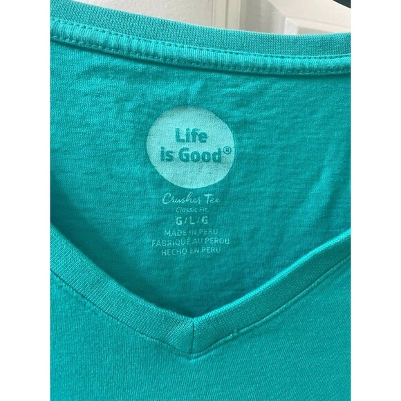 Life is Good Crusher Tee Women L Green Life Is Golden Retriever Dog V Neck - Picture 2 of 7